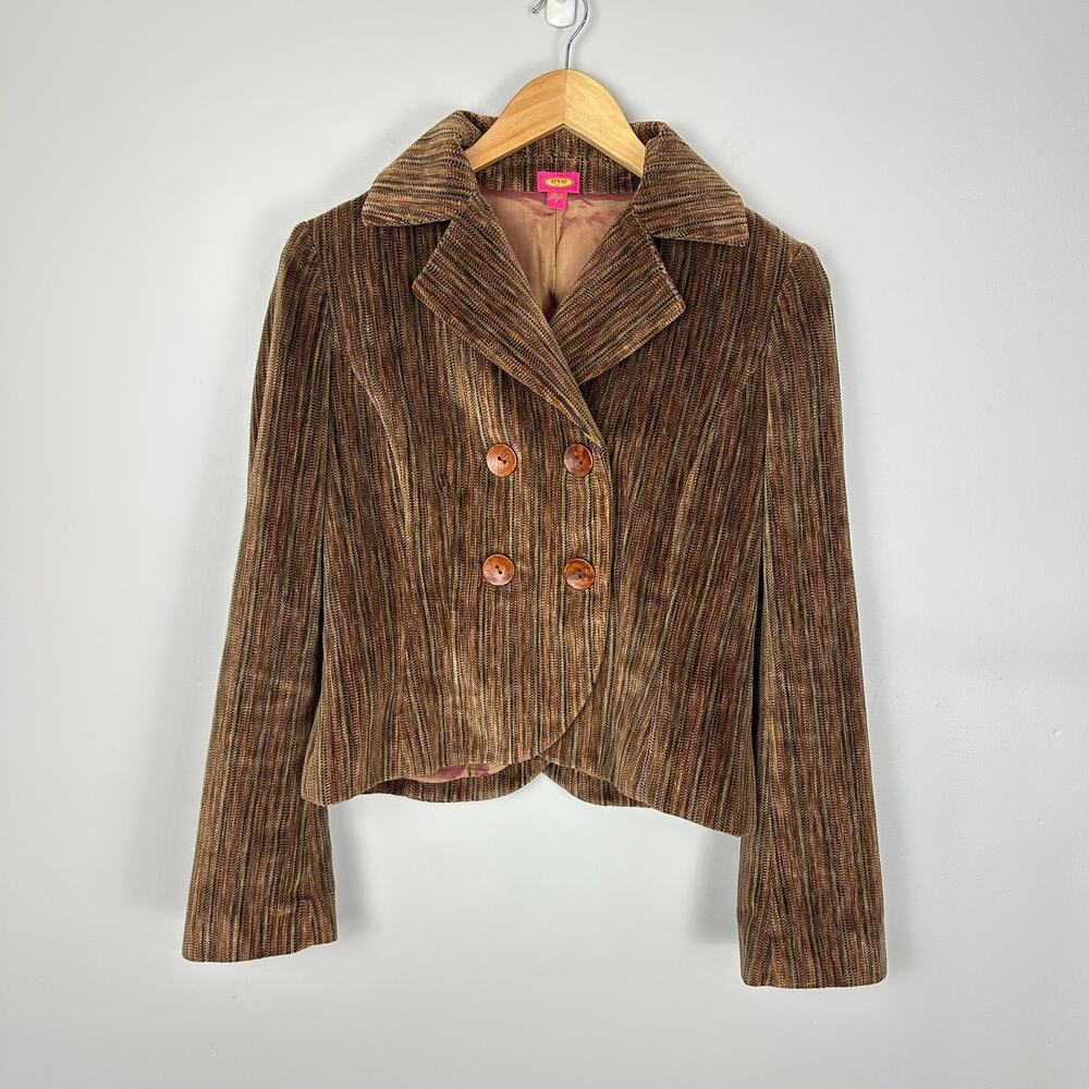 Vintage Y2K Eye Velvet Striped Bell Sleeve Double Breasted Blazer Sz 4 Retro 70s